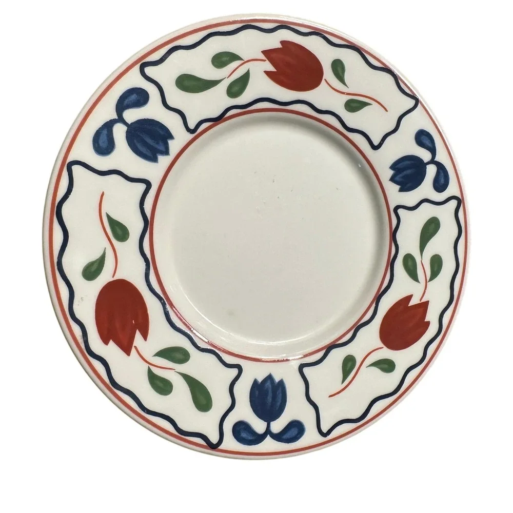 2 International‎ China Plates Vintage Red Blue Tulip Floral Semi-Porcelain Japan